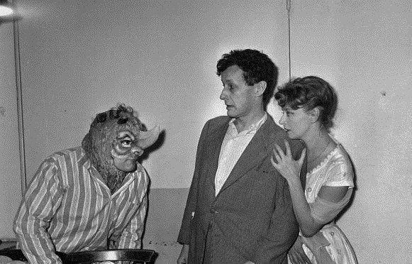 Rhinoceros   William Sabatier, Jean Louis Barrault and Simone Velere in a production by the Compagnie Renaud-Barrault at Theatre de France Odeon, Paris, January 19606.jpg